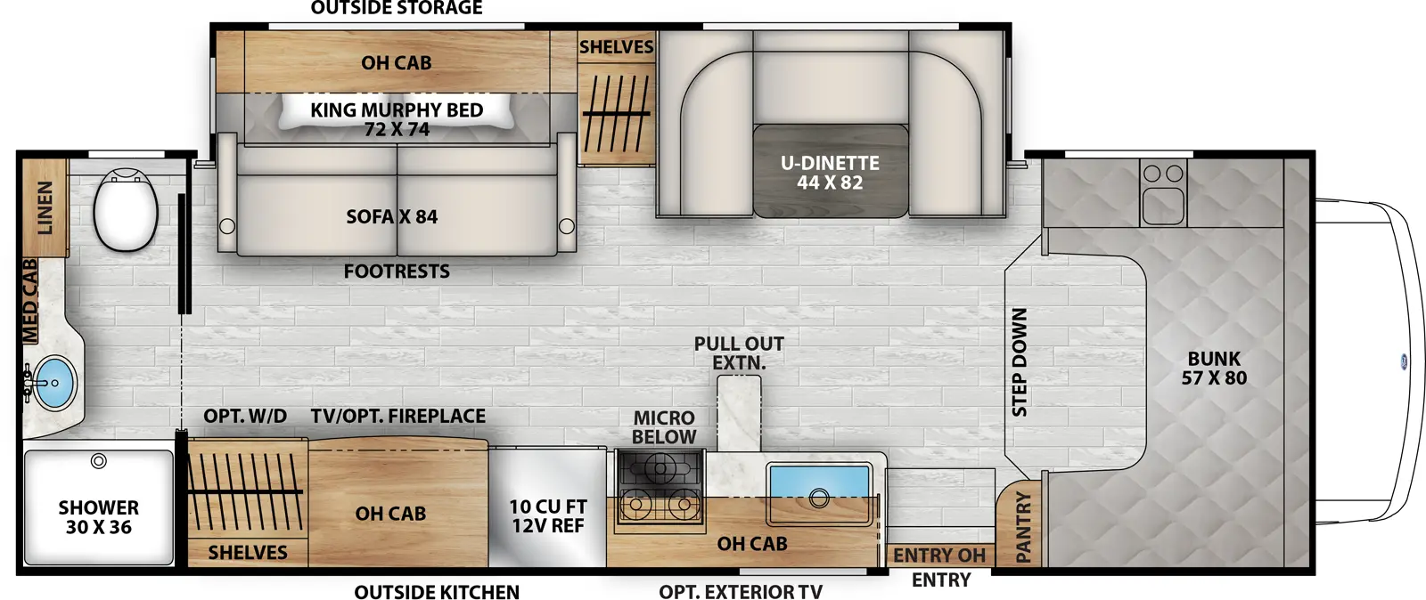 The Freelander 26MB has one entry and one slide out. Exterior features include: 19' awning, outside entertainment and outside kitchen. Interiors features include: murphy bed, rear bathroom, bunk over cab, u-dinette and LATCH system.